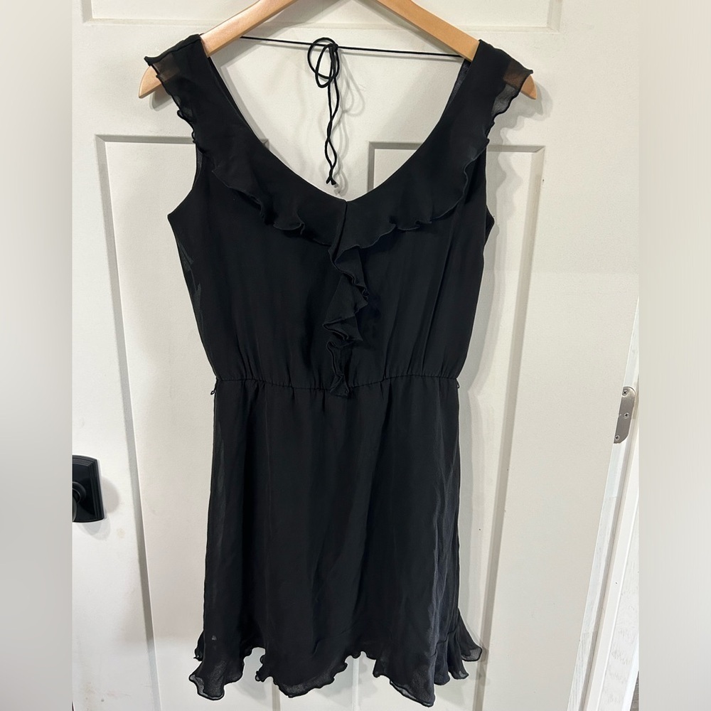 White House Black Market black silk sleeveless dress ruffle Vneck lined